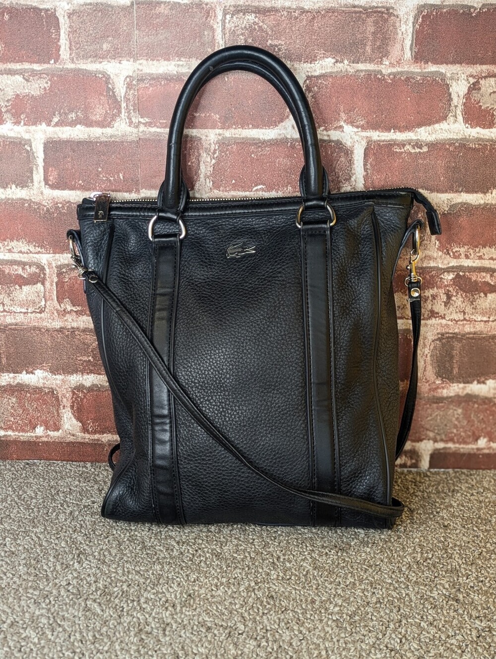 Lacoste Crossbody Bag Black Pebbled Grain Leather Vertical Zipper Satchel Purse